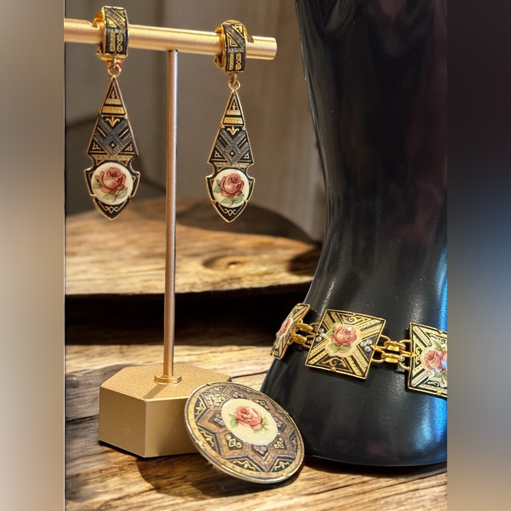 Damascene Vintage Set Gold & Black Bracelet, Earrings & Brooch w/ Floral Enamel
